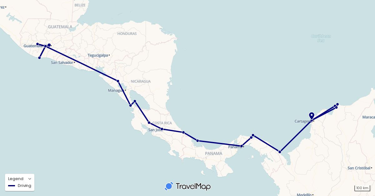 TravelMap itinerary: driving in Colombia, Costa Rica, Guatemala, Nicaragua, Panama (North America, South America)